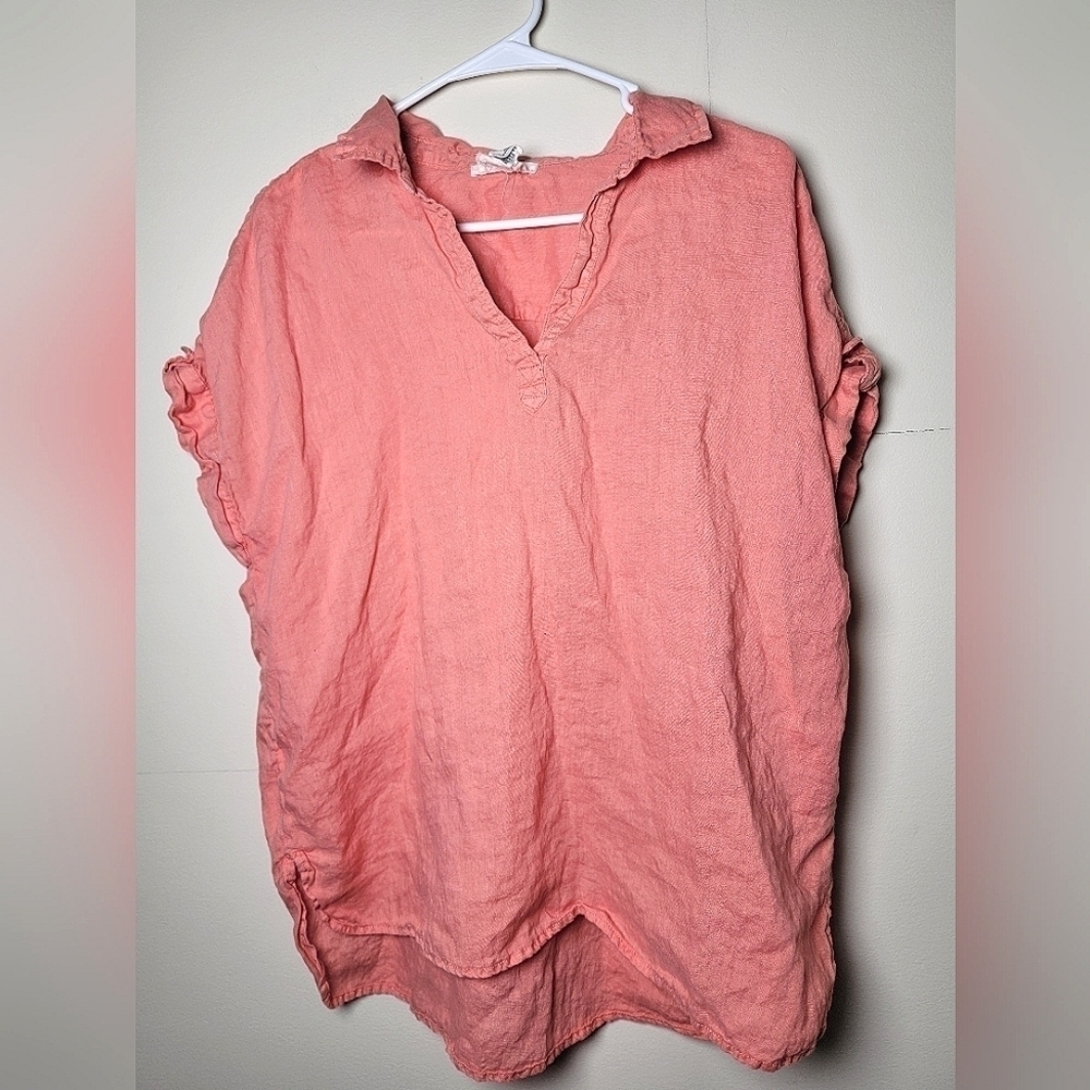 Nicole Miller‎ 100% Linen Short Sleeve Hi-Lo Blouse, Size Large